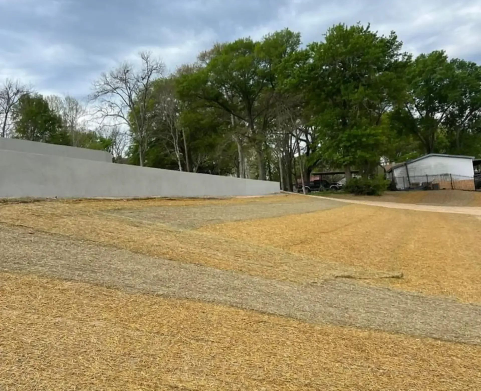 Gravel lot beside a white wall and trees under a cloudy sky