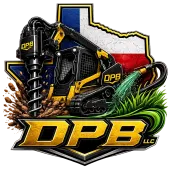 DPB logo with black excavator, Texas outline, and gold lettering on white background
