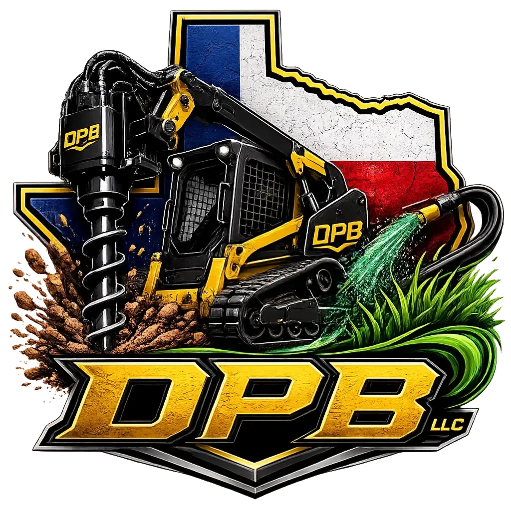 DPB logo with black excavator, Texas outline, and gold lettering on white background