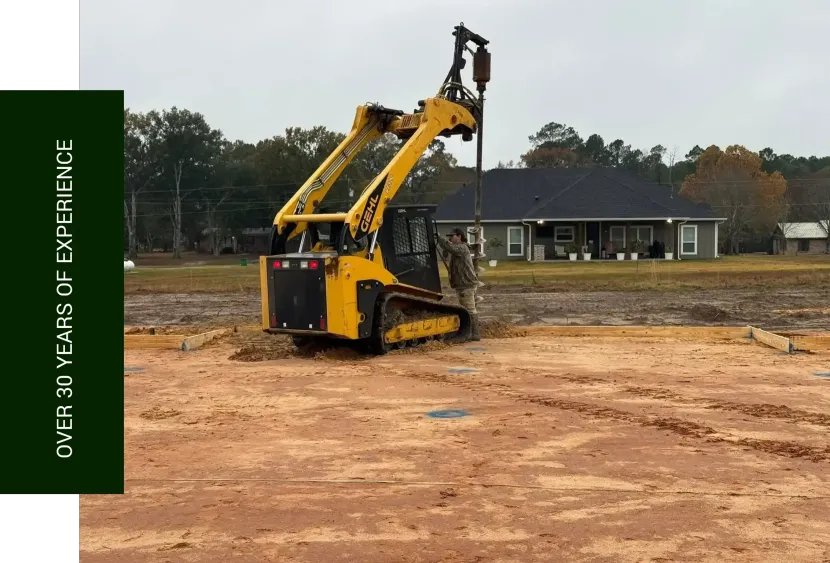 Yellow compact excavator on a dirt lot at a construction site, with houses in the background.