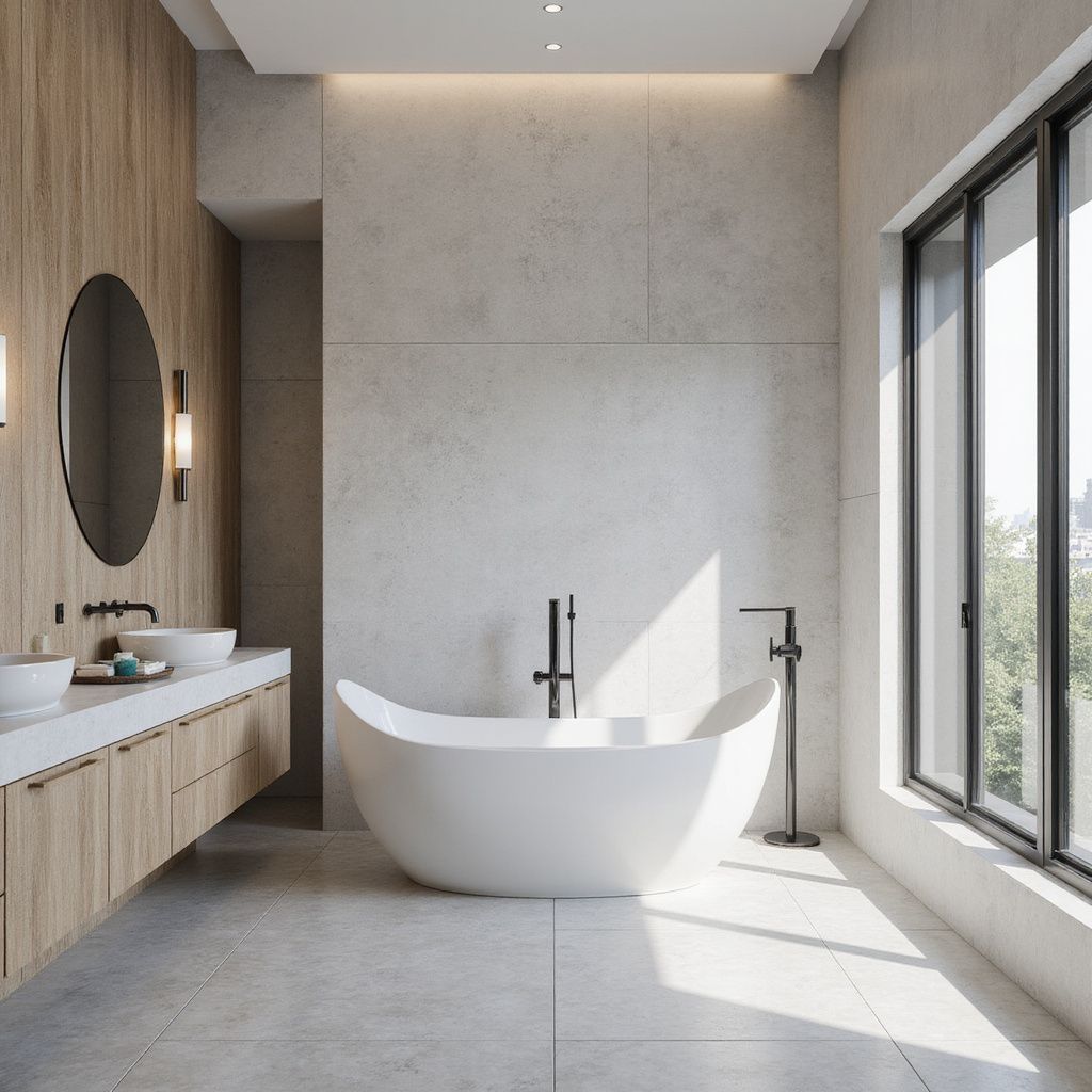 Modern bathroom with a freestanding white bathtub, a wooden vanity, and a large window.