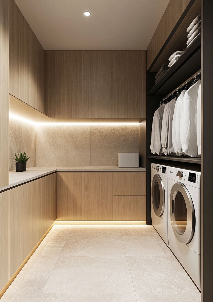 Modern laundry room with wooden cabinets, washer/dryer, hanging clothes, and warm lighting.