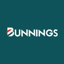 Bunnings logo: White text on teal background, stylized red and white 'B' icon.