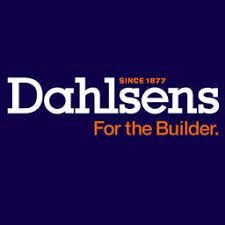 Dahlsens logo. White text on a purple background. Orange text reads