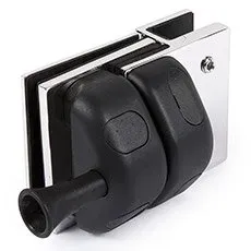 Chrome and black glass shower door latch.