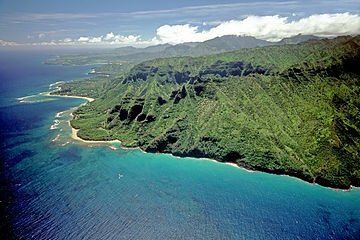 Aerial view of a lush green coastal cliff above turquoise blue ocean and beach