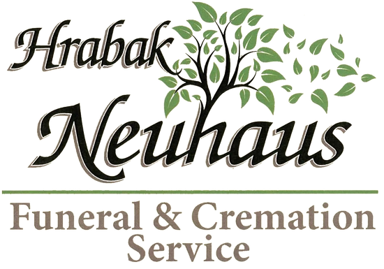 Hrabak Neuhaus Funeral & Cremation Service logo with stylized black text and green leaves