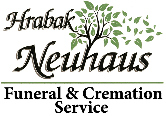 Hrabak Neuhaus Funeral & Cremation Service logo with stylized black text and green leaves