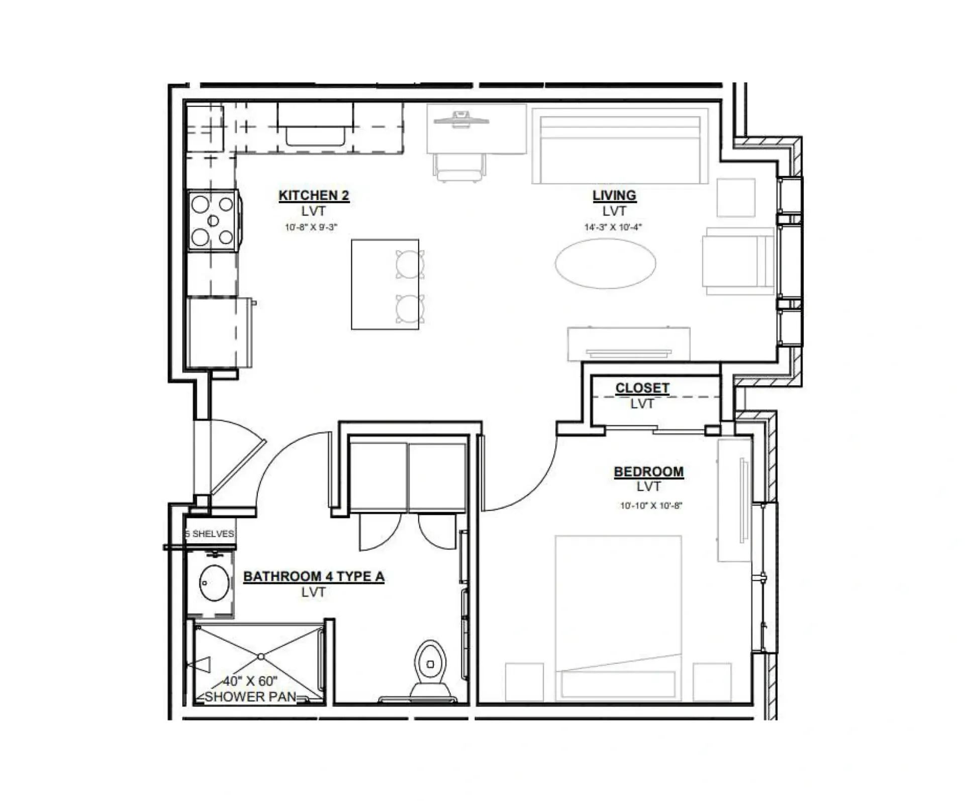 Black-and-white floor plan of a one-bedroom apartment with kitchen, bath, living area, and closets