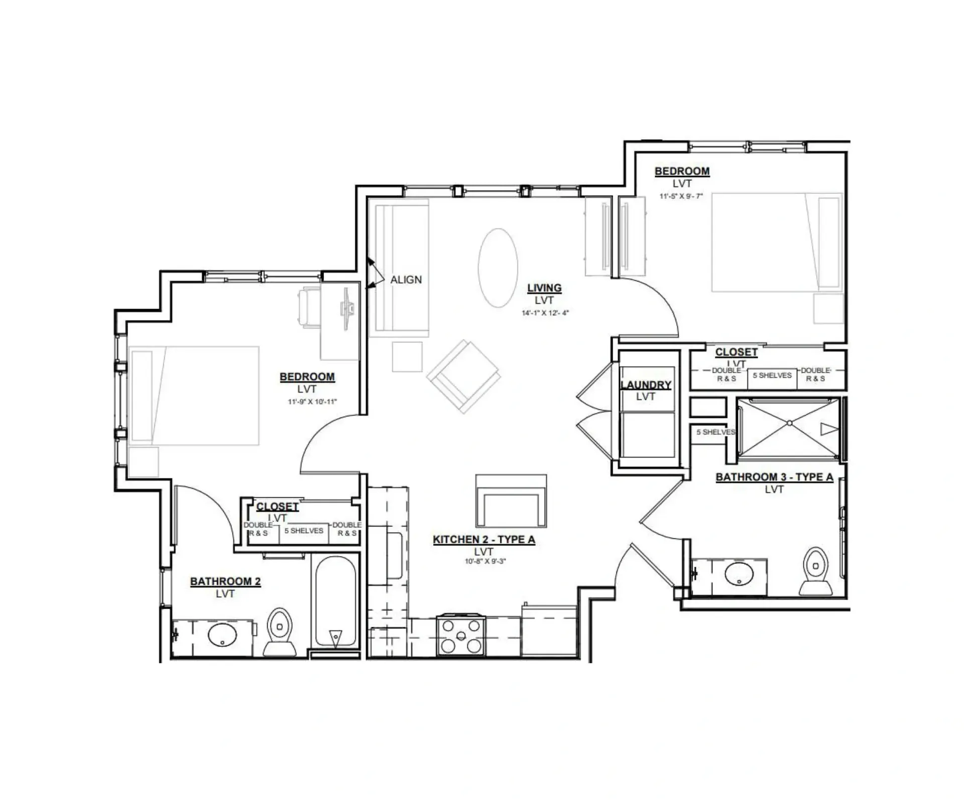 Black-and-white architectural floor plan of a home interior with labeled rooms and furniture layout