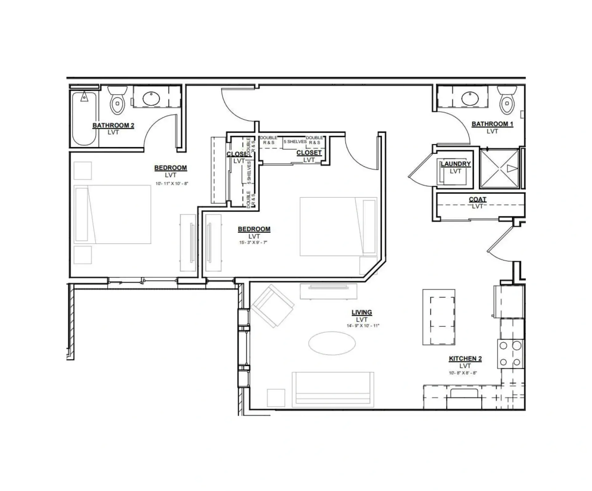 Black-and-white architectural floor plan of a small apartment with labeled rooms and furniture layouts
