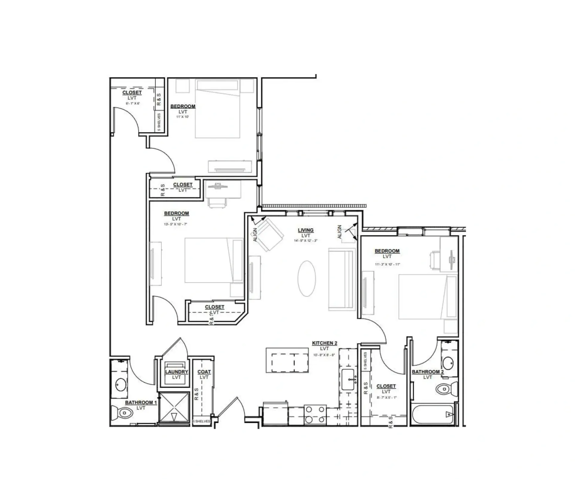 Black-and-white architectural floor plan with labeled rooms, doors, and fixtures