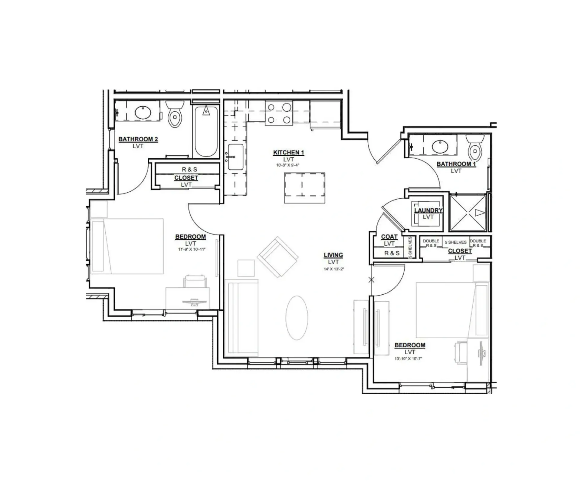 Black-and-white house floor plan with labeled rooms and central open living area.