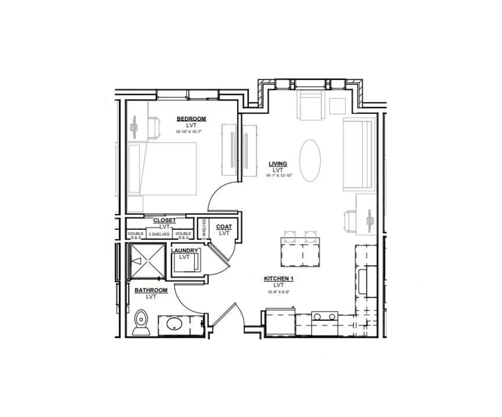 Black-and-white apartment floor plan with living room, kitchen, bathroom, and bedroom.