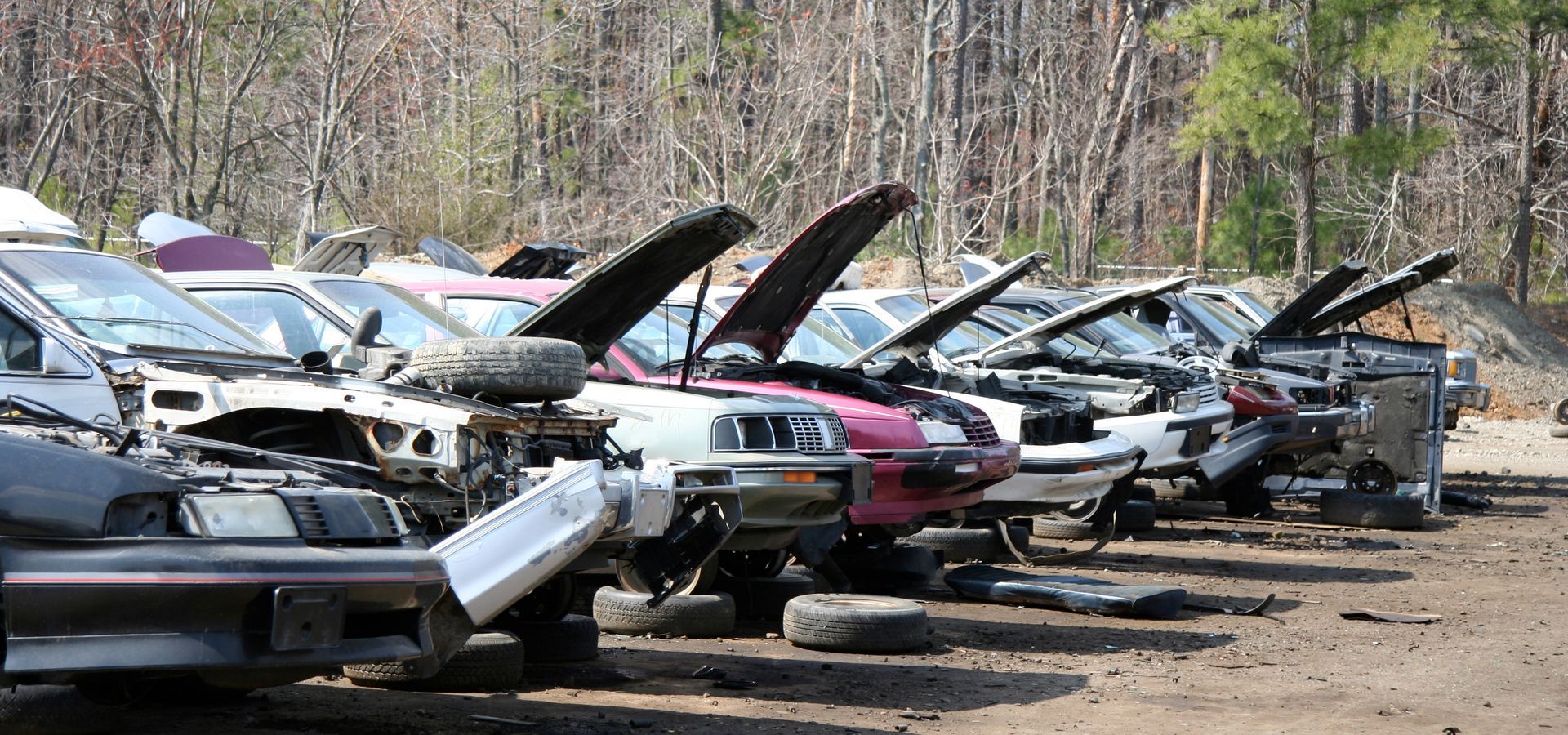 Junkyard with rows of damaged cars, many with open hoods and missing parts.