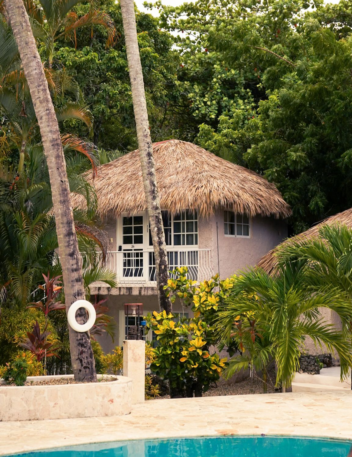 Thatched-roof beach cottage beside a pool, framed by palm trees and lush tropical greenery.