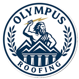 Circular logo for Olympus Roofing featuring Zeus holding a lightning bolt above a mountain temple, in navy and cream.