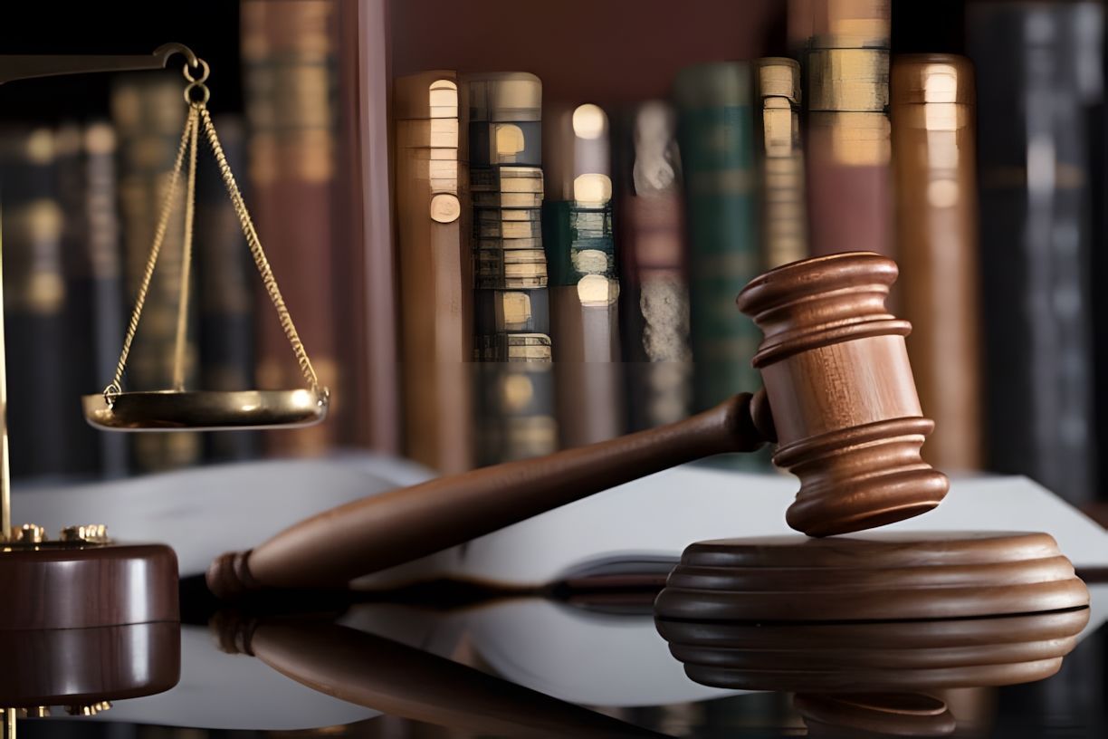 A wooden judge 's gavel and scales of justice are on a table.
