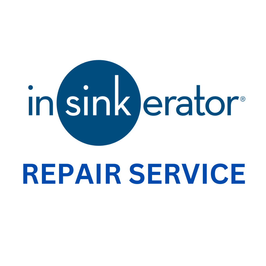 The logo for in sinkerator repair service is blue and white.