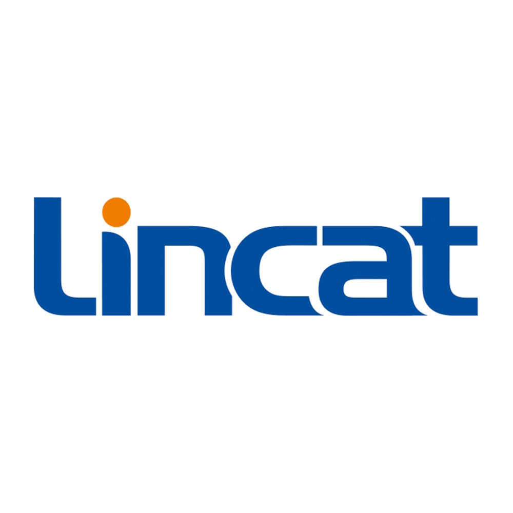 a blue and orange logo for lincat on a white background