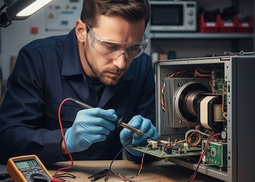 Man in gloves soldering circuit board, wearing safety glasses, with multimeter and electronic equipment.