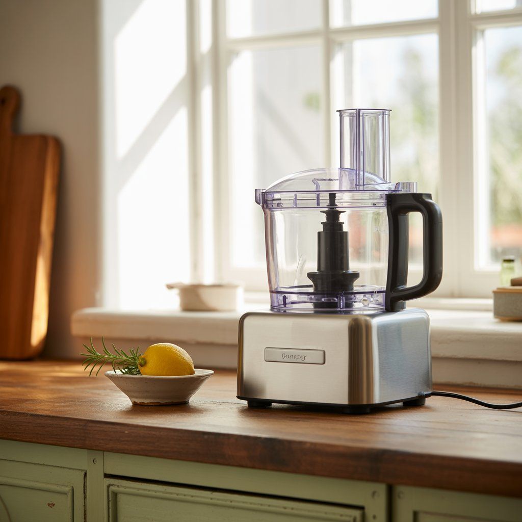 A food processor is sitting on a wooden counter next to a bowl of lemons.