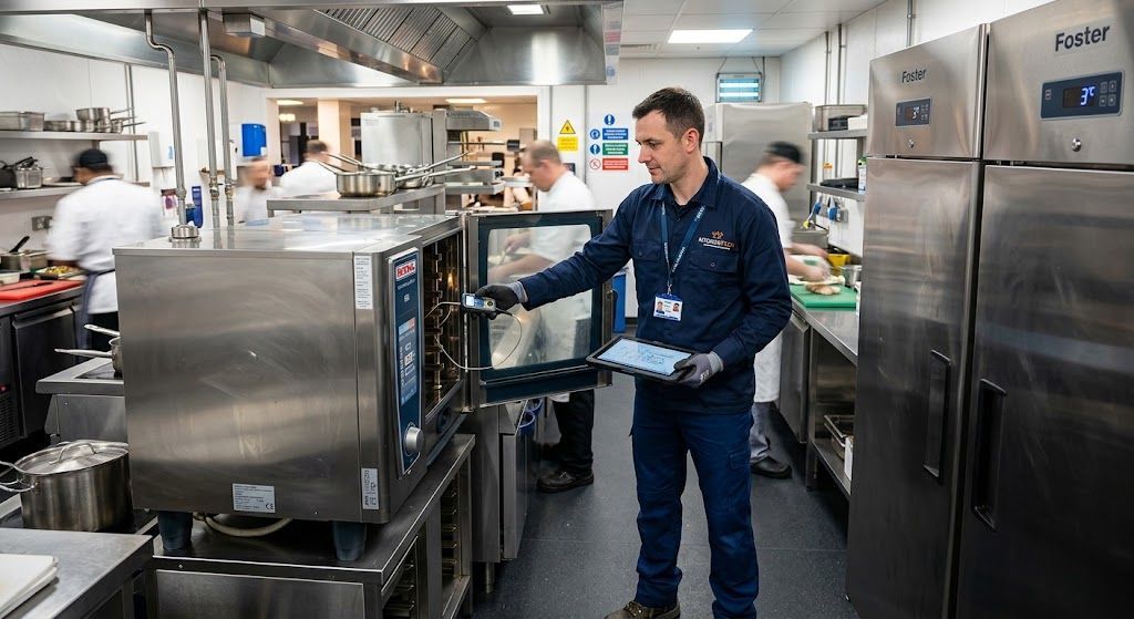 Technician in blue uniform inspects a commercial kitchen dishwasher with stainless steel appliances nearby