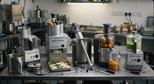 Kitchen counter with several juicers, blenders, and fruit, including oranges and apples, arranged in a row