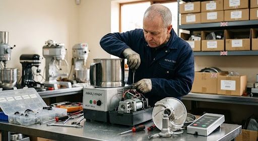 Person repairing a small machine on a workbench in a workshop, with tools and equipment nearby