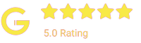Google rating icon with five yellow stars and “5.0 Rating” text