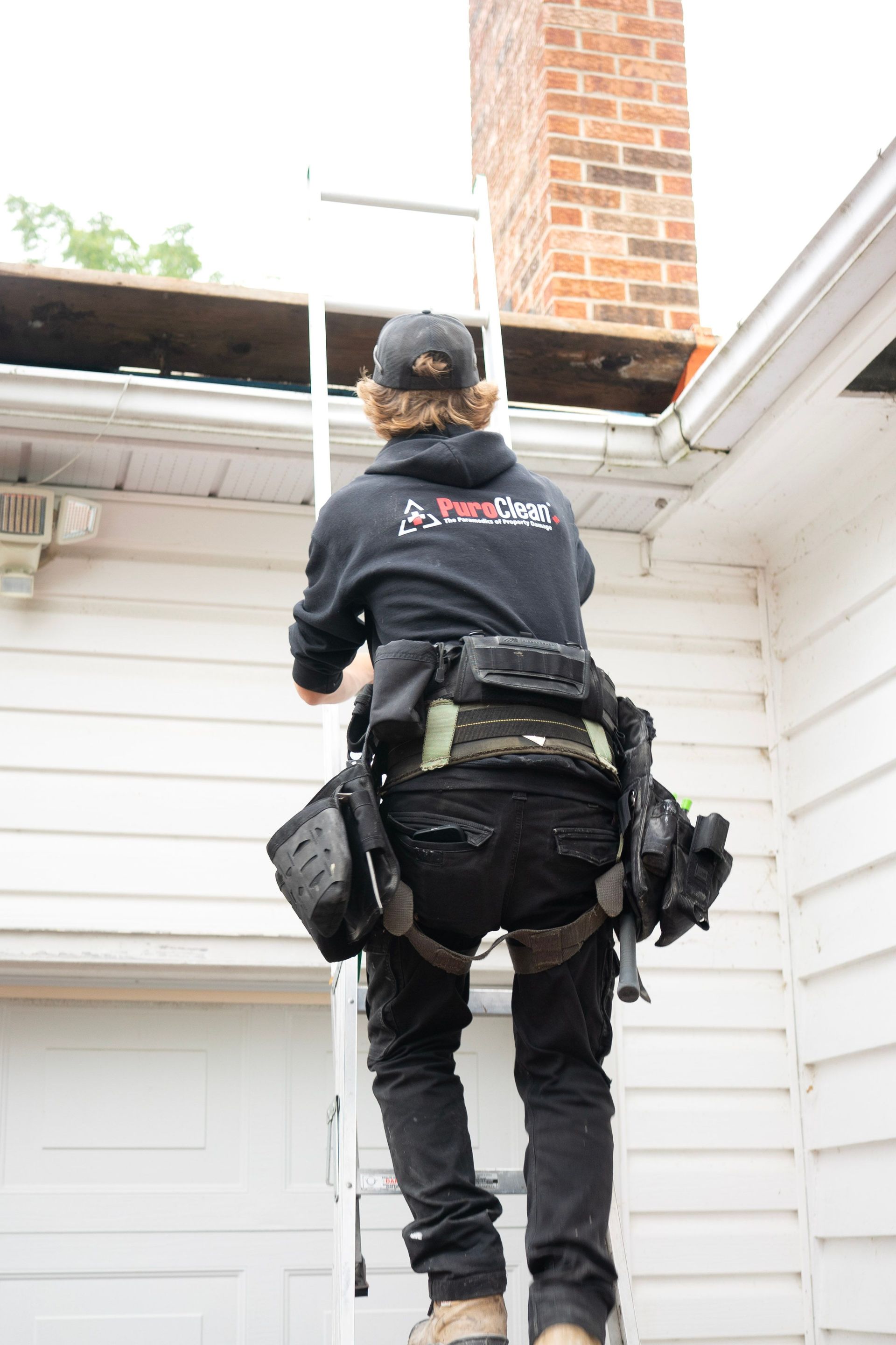 Worker standing on a ladder repairing a white house roof near a brick chimney, wearing a tool belt.