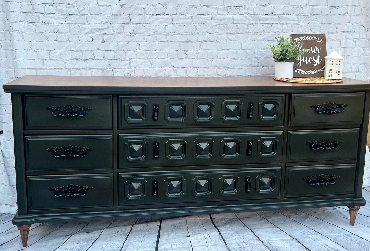 black dresser with natural wood top Likimio 59.1-in W Brown and Black 6 Drawers Dresser with Wide Storage Cabinet in the Dressers department at Lowes.com