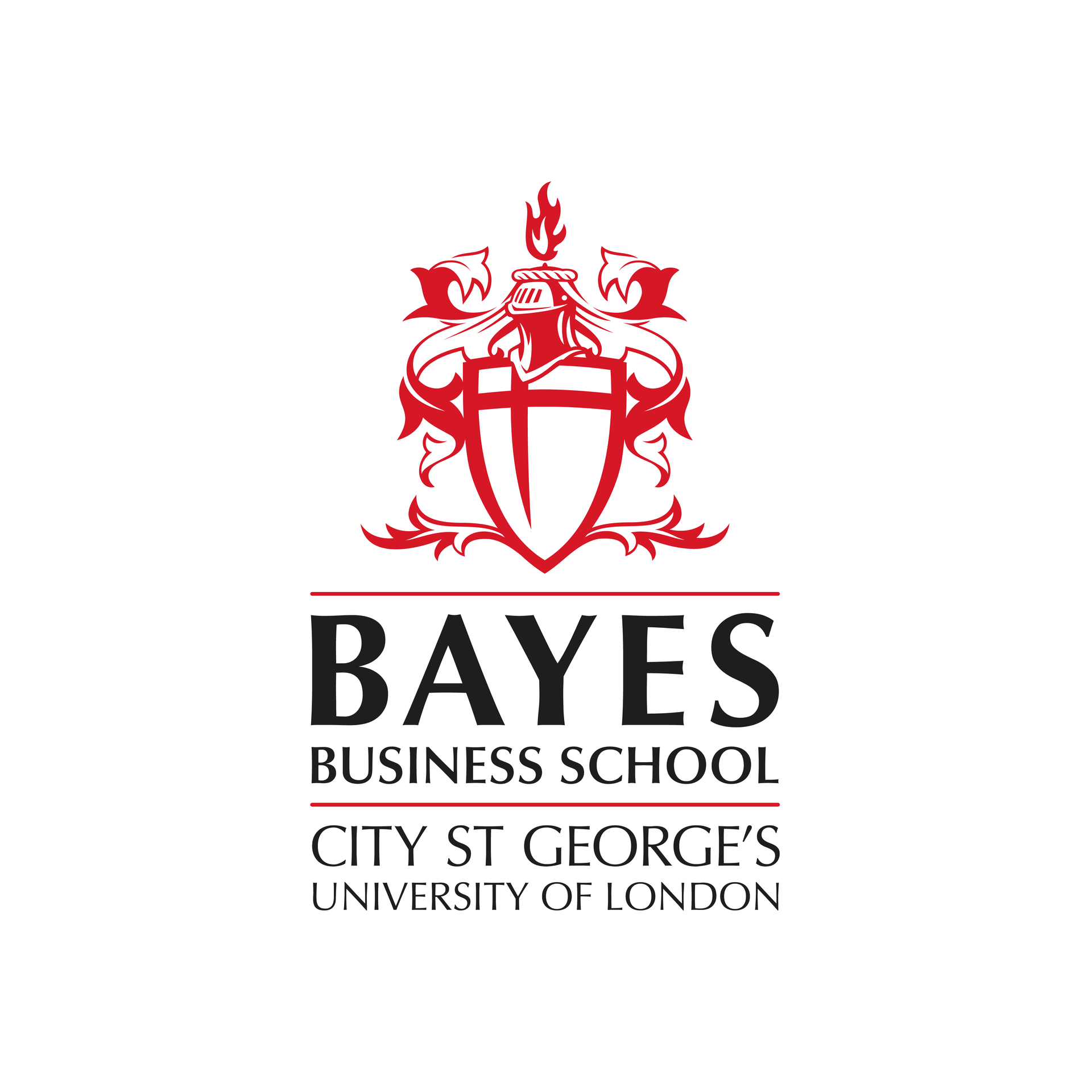 Bayes Business School logo, coat of arms with shield, a helmet, and flags
