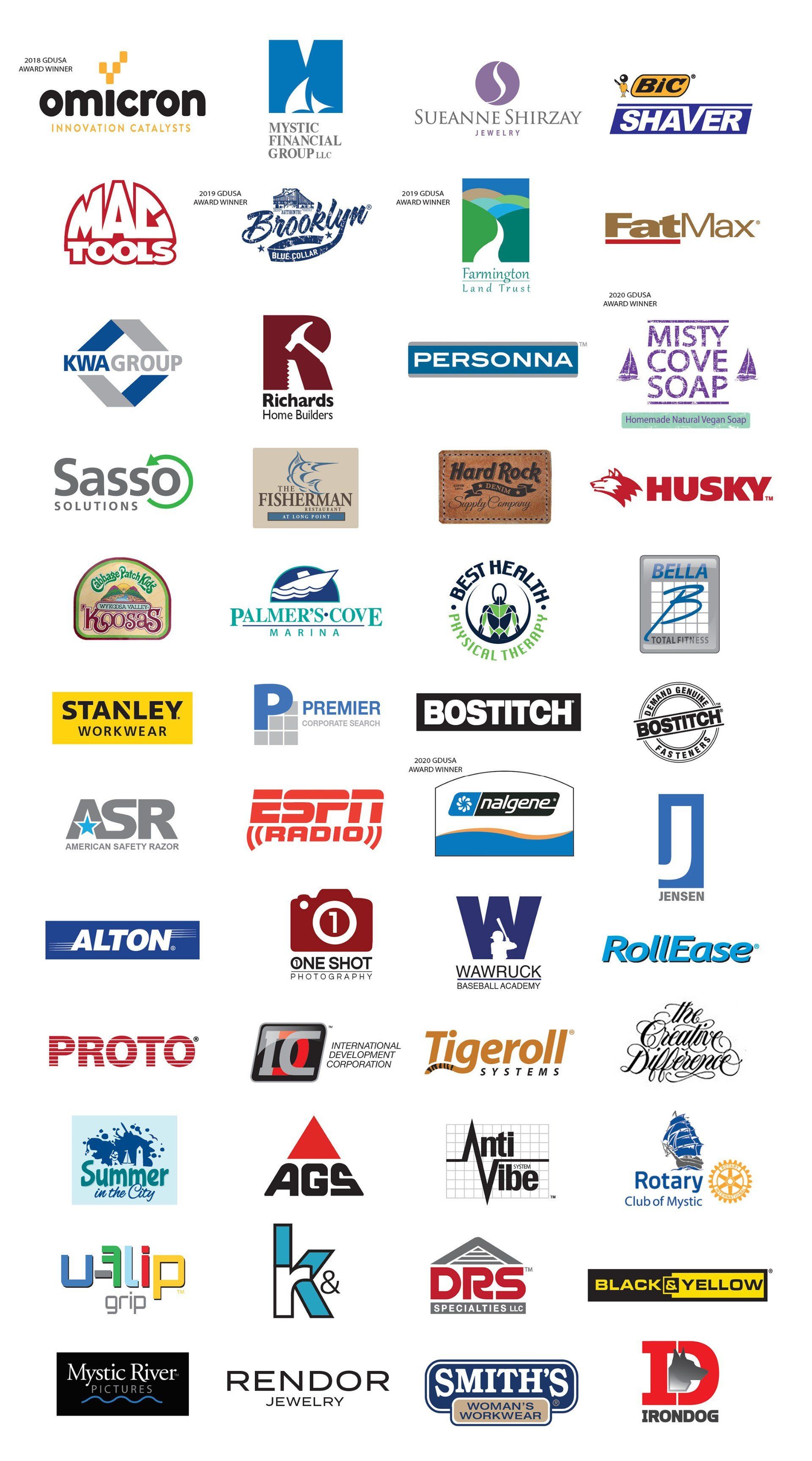 A bunch of different logos on a white background