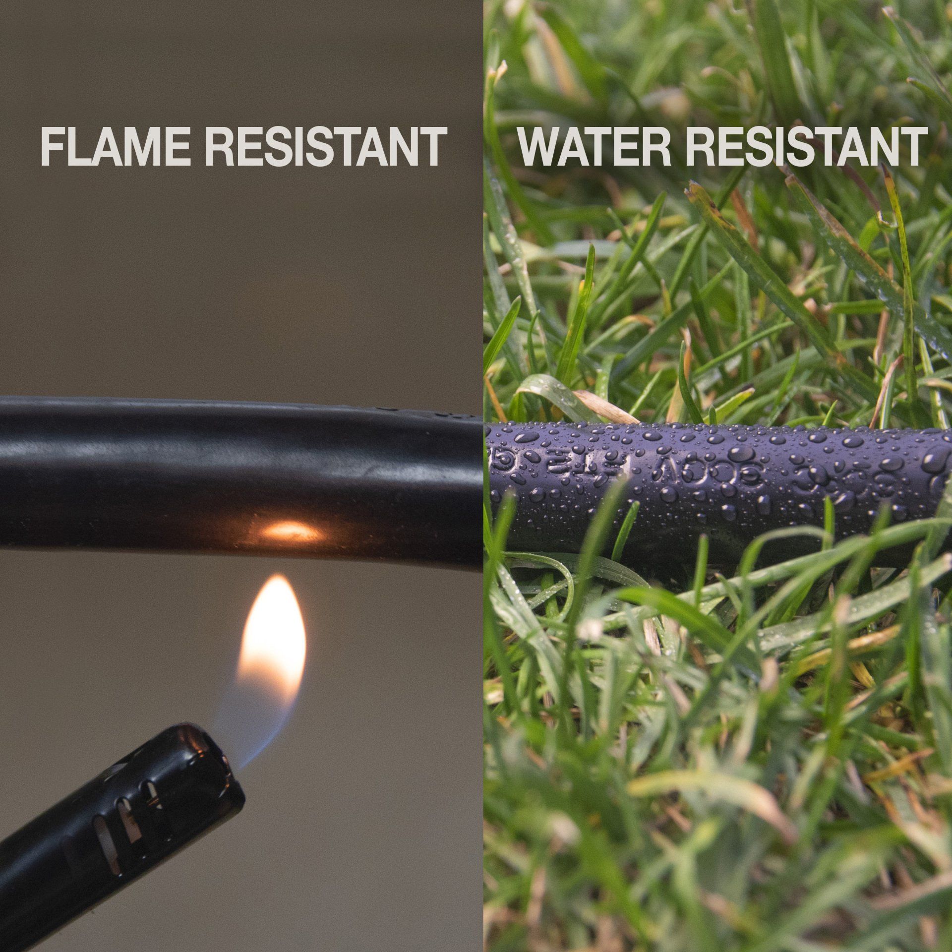 Flame-resistant and water-resistant cable. A lighter flames a cable, and a cable is in grass with water droplets.