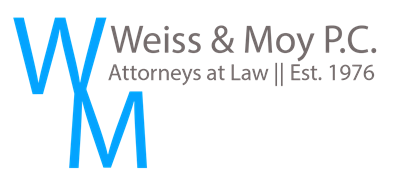 Logo for Weiss & Moy P.C., attorneys at law, with blue