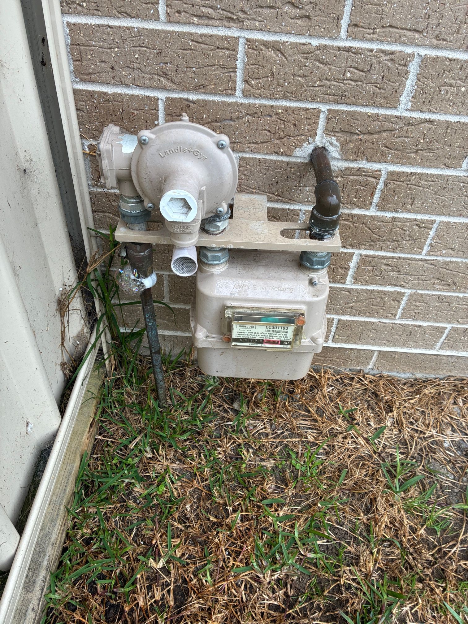 Gas meter and regulator mounted on a brick wall beside grass and weeds. — Huddo's Plumbing Service in Wallalong, NSW