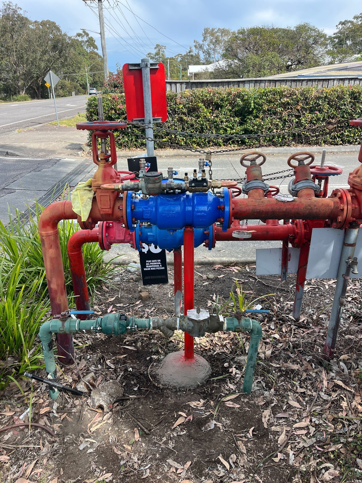 Outdoor Utility Pipes and Valves With a Blue Pressure Regulator — Huddo's Plumbing Service in Wallalong, NSW