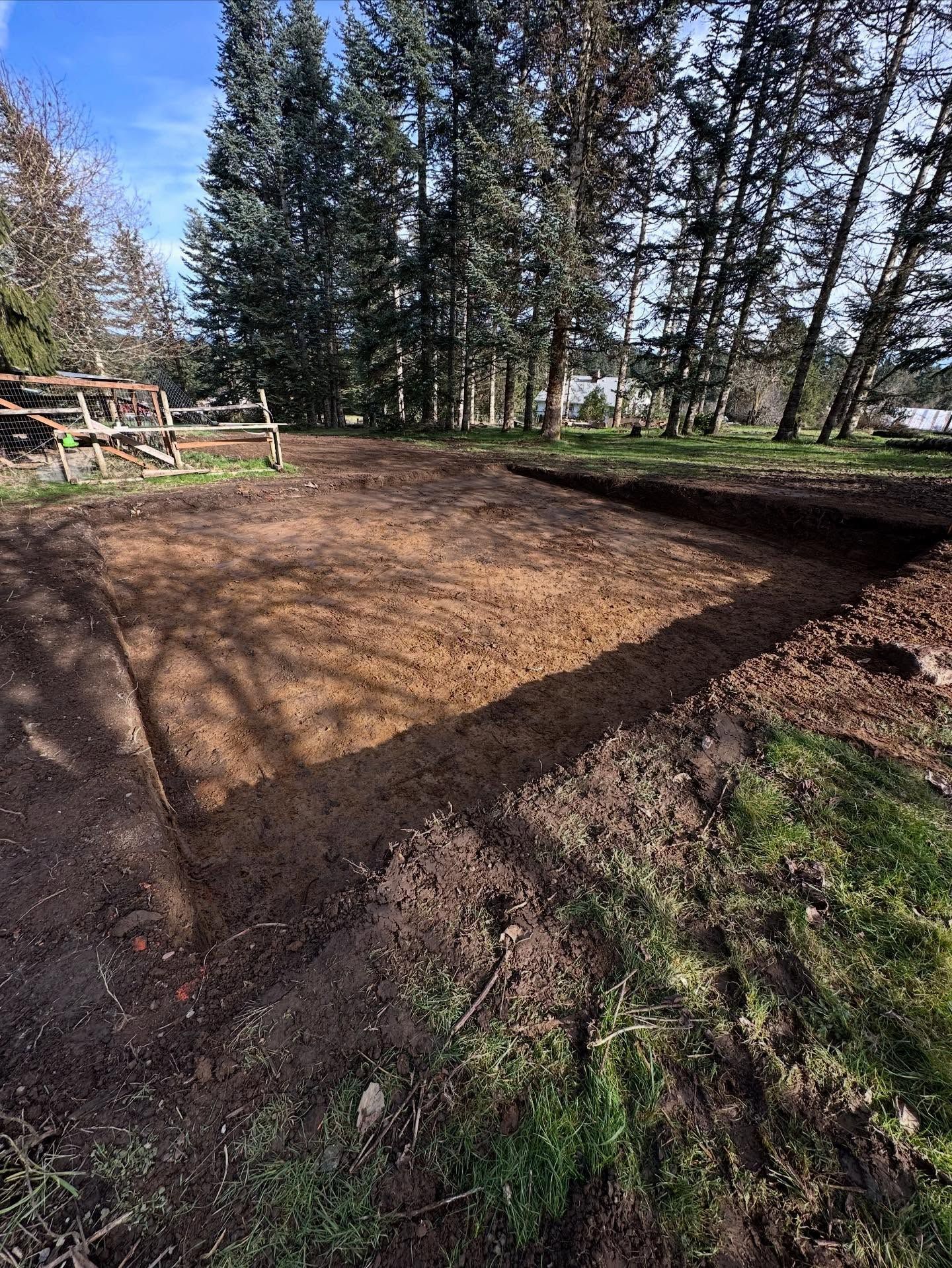 Freshly dug rectangular garden bed with dark soil, surrounded by trees and grass in a sunny yard