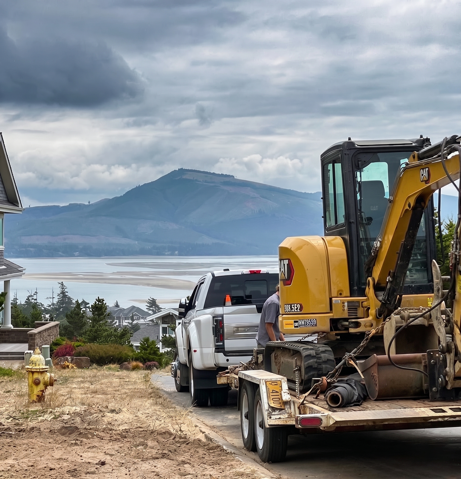 Yellow excavator on a flatbed trailer overlooking a bay and mountain under cloudy skies