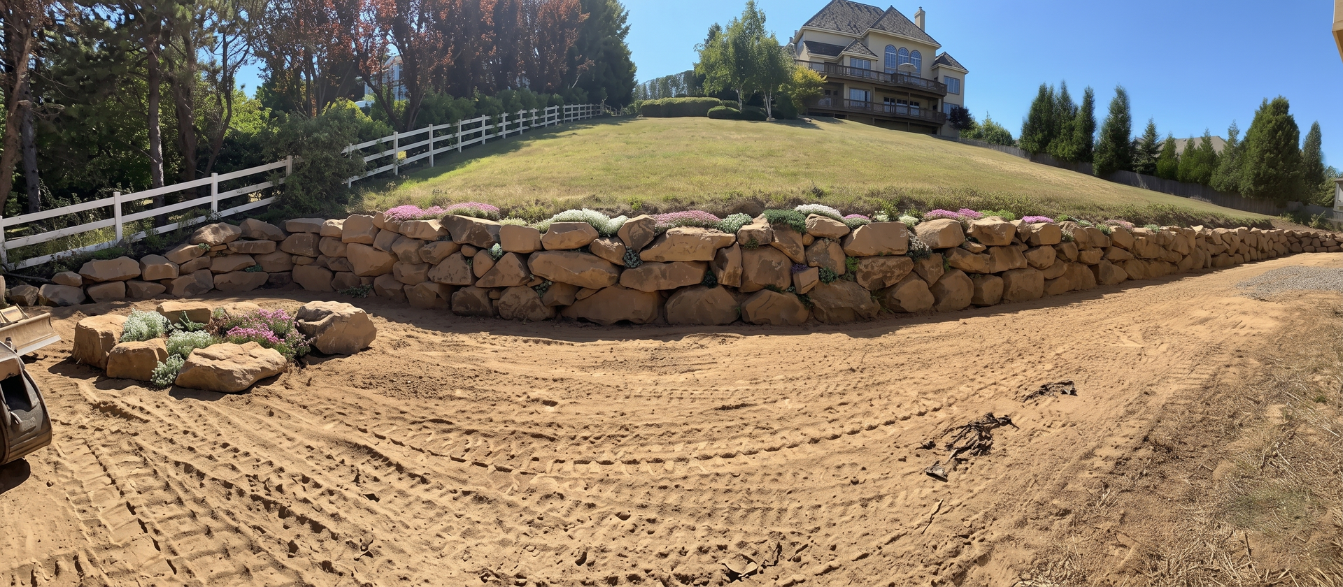 Stone retaining wall beside a sandy yard, with a grassy slope, white fence, and house in the background.