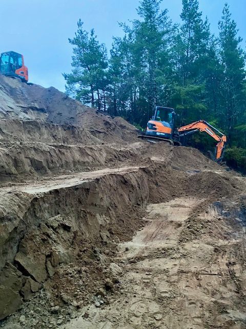 Excavator digging a steep dirt slope beside a forested hillside