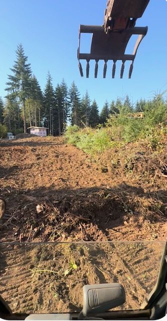 Excavator bucket over a cleared dirt lot with trees and brush in the background, viewed from the cab