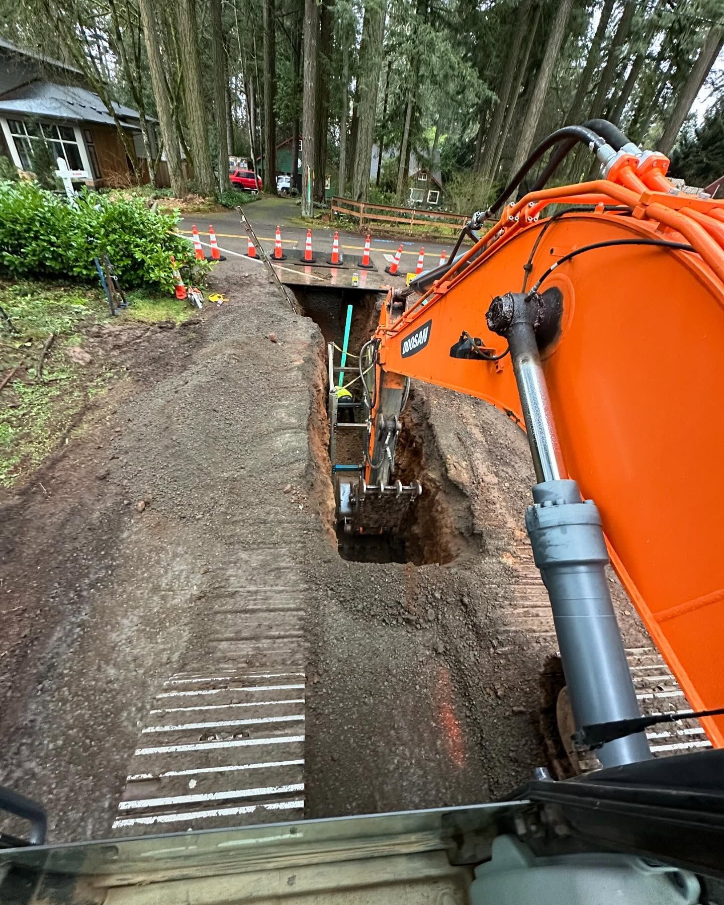 Excavator digging a trench beside a wooded driveway, with orange arm in the foreground.