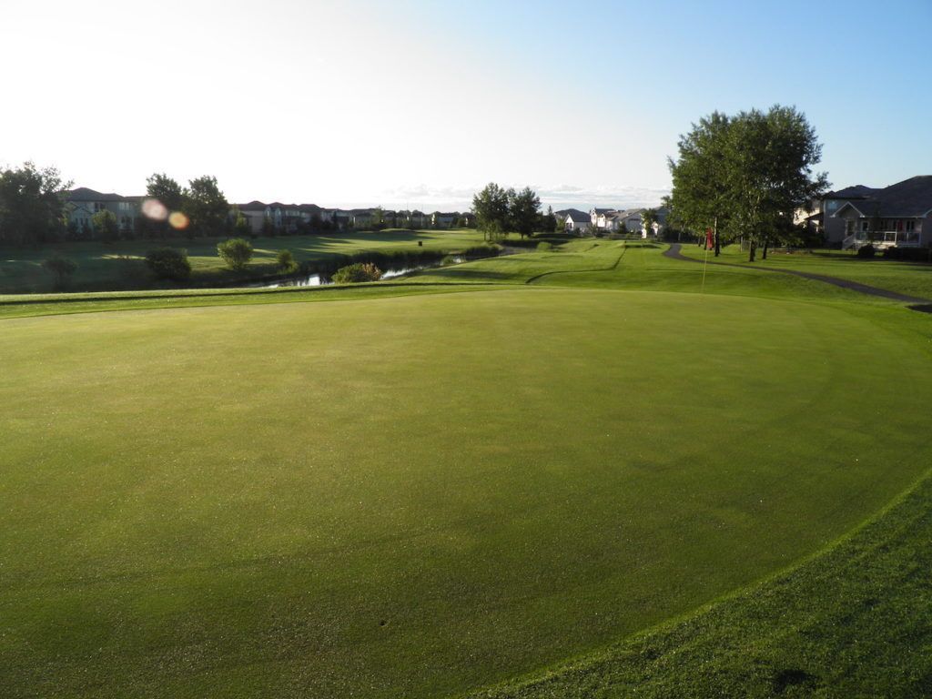 An aerial view of a golf course with golf carts lined up, near a clubhouse, with trees and a cloudy sky.