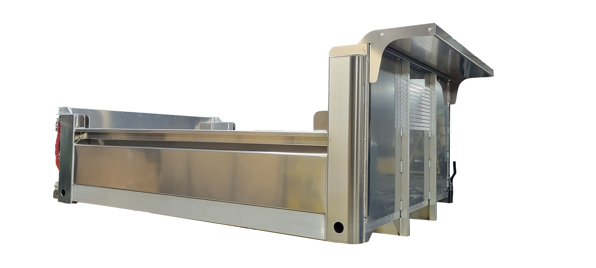 A stainless steel dumpster with a roof on a white background.