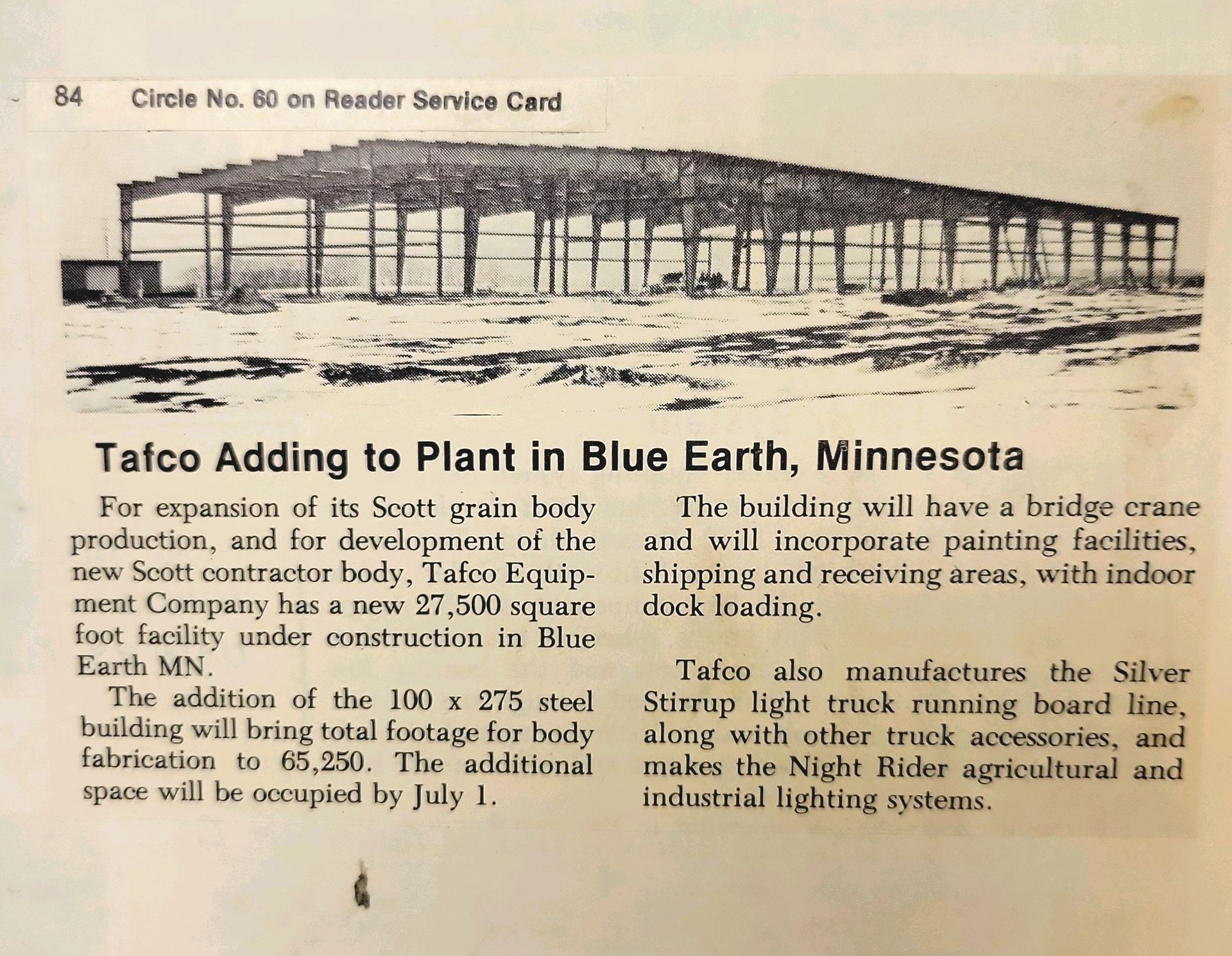 A newspaper article about talco adding to plant in blue earth minnesota