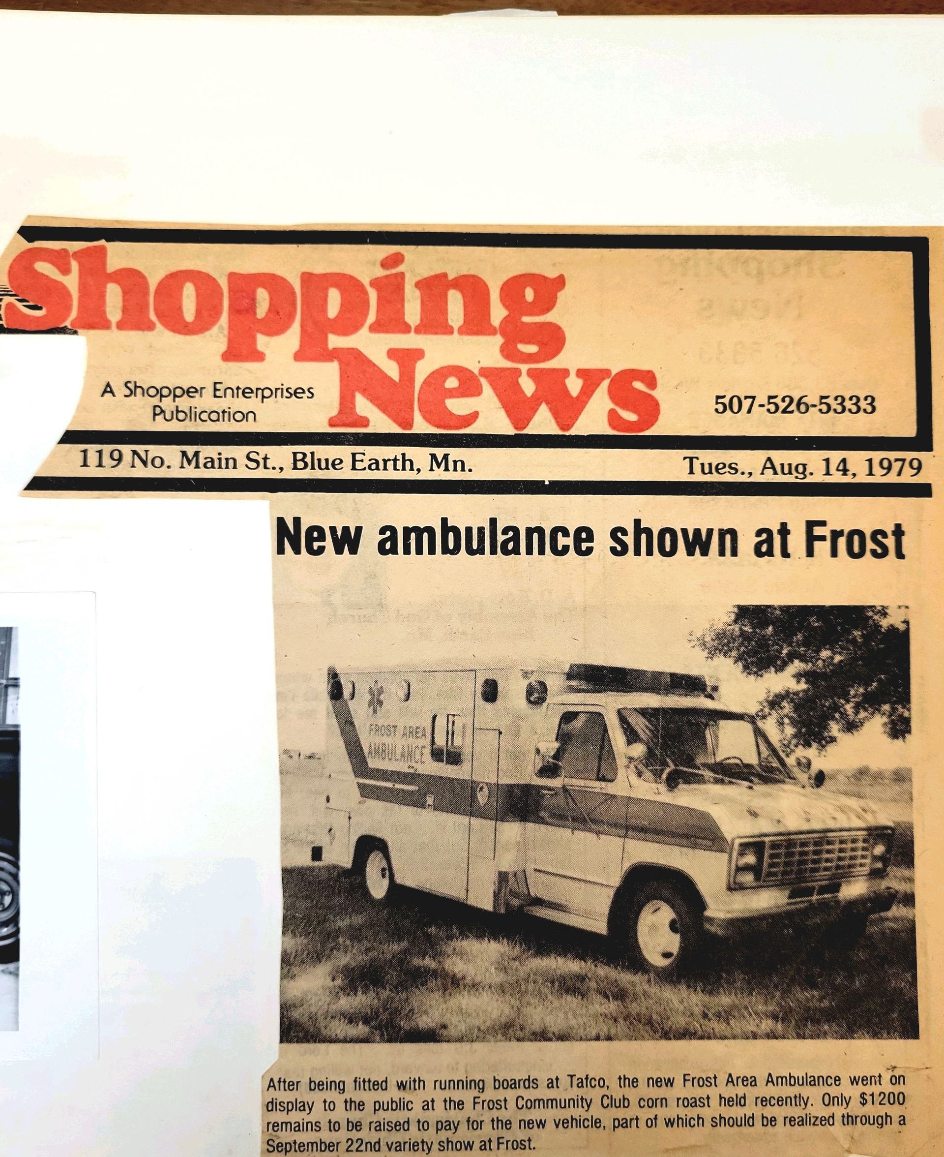A newspaper article about a new ambulance shown at frost