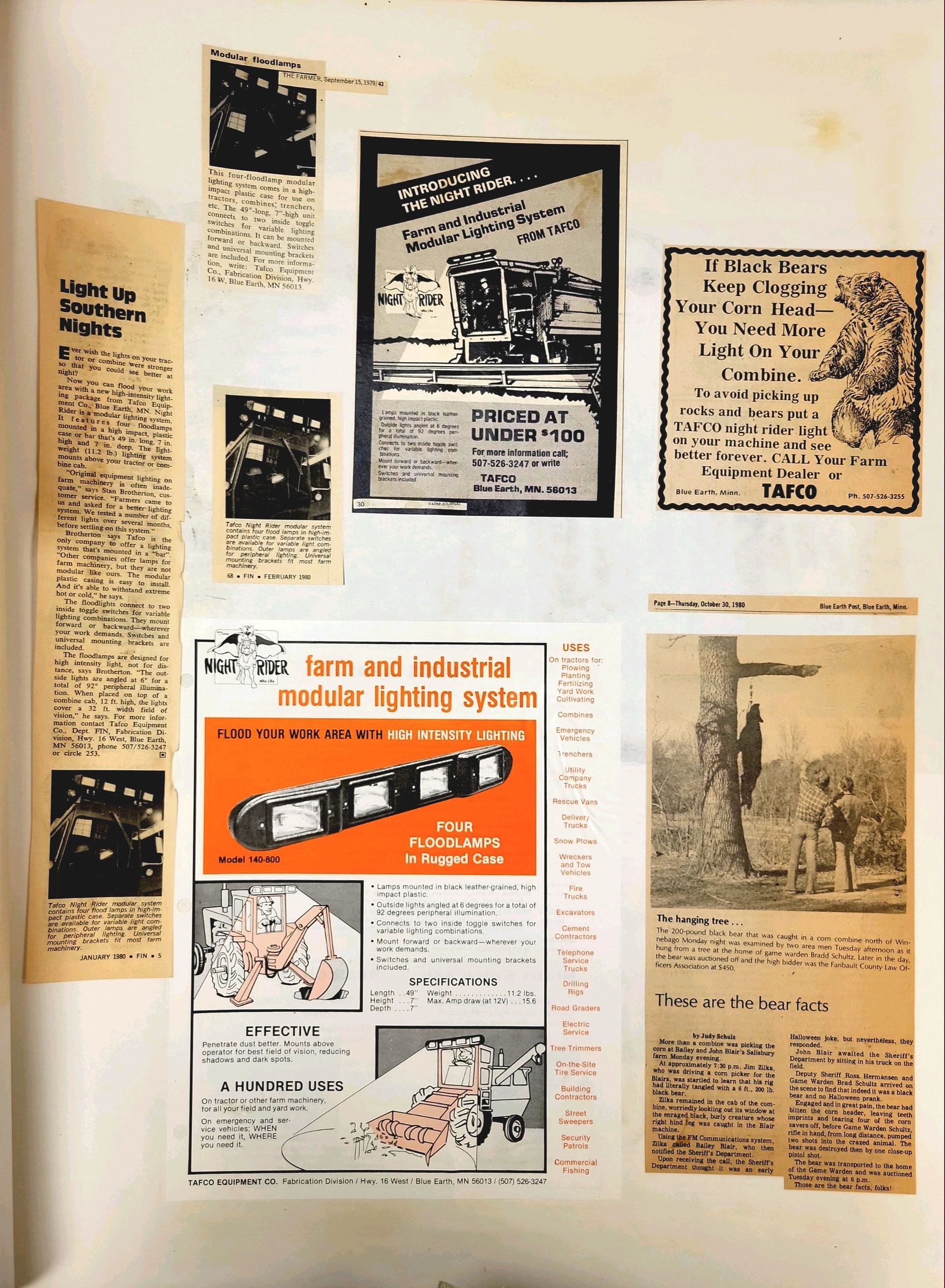 A collage of old newspaper clippings includes an advertisement for mobile lighting
