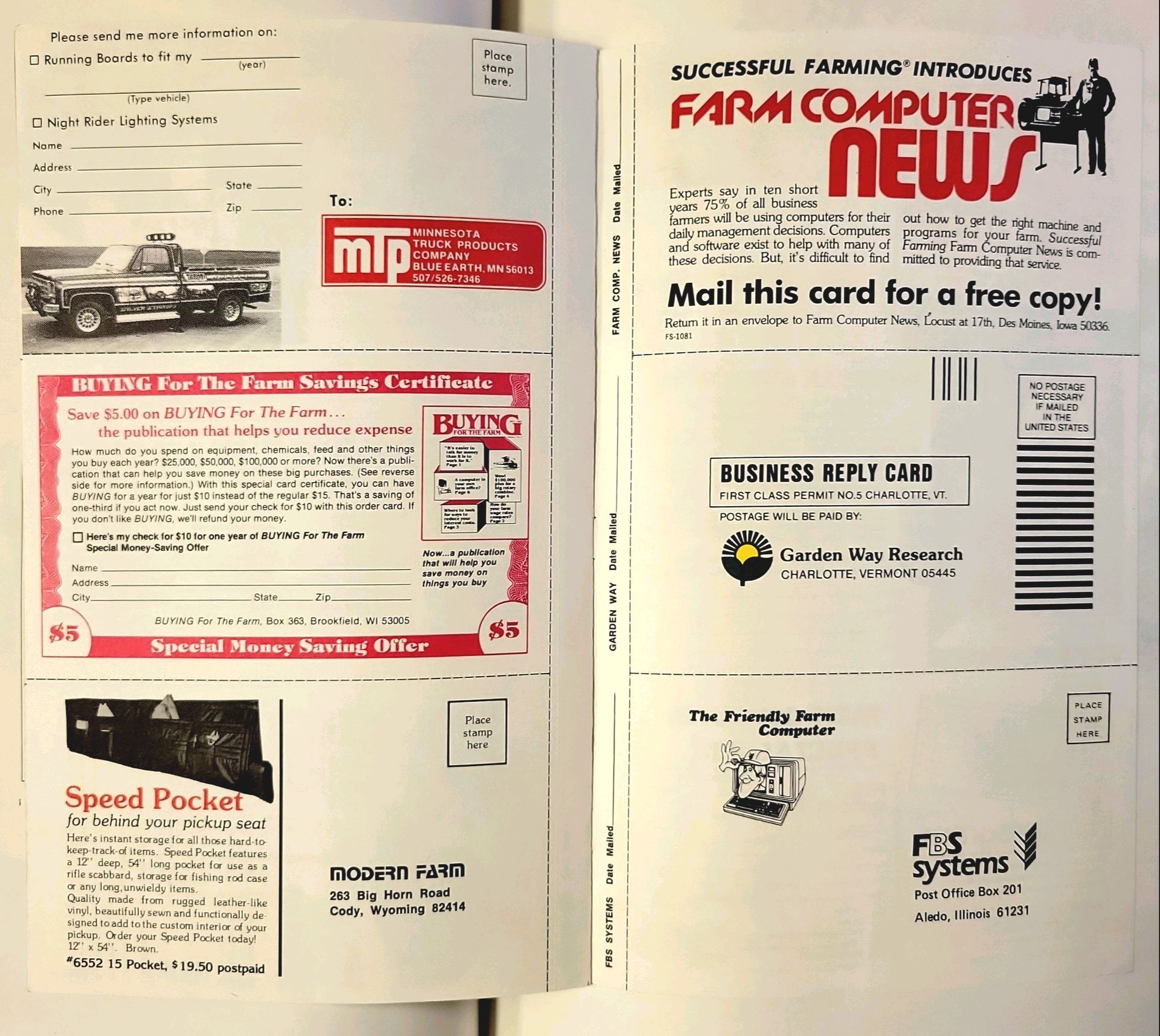 A postcard from farm computer news is open to a page that says mail this card for a free copy